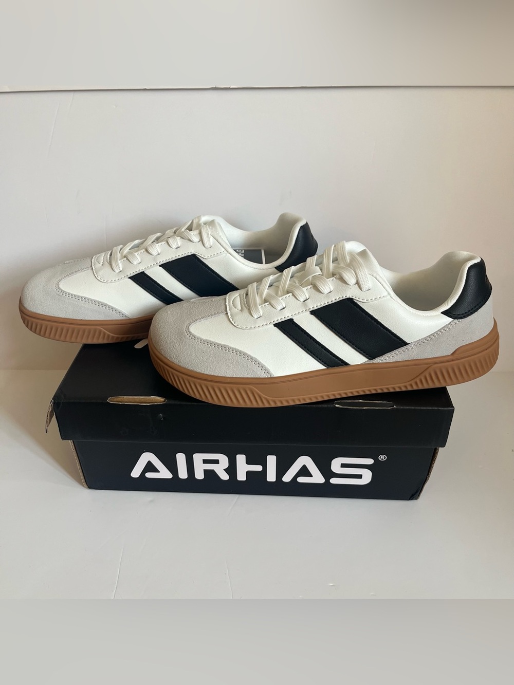 AIRHAS Retro Stripe Platform Sneakers White Black Gum Sole Women’s